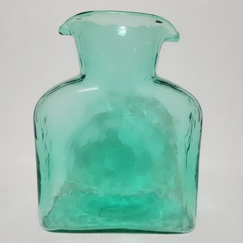 Vintage BLENKO Sea Green Art Glass Double Spout 8" WATER BOTTLE CARAFE #384 VGUC
