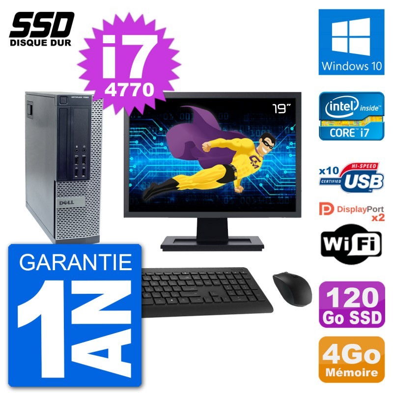PC Dell 7020 SFF Ecran 19" Intel i7-4770 RAM 4Go SSD 120Go Windows 10 Wifi