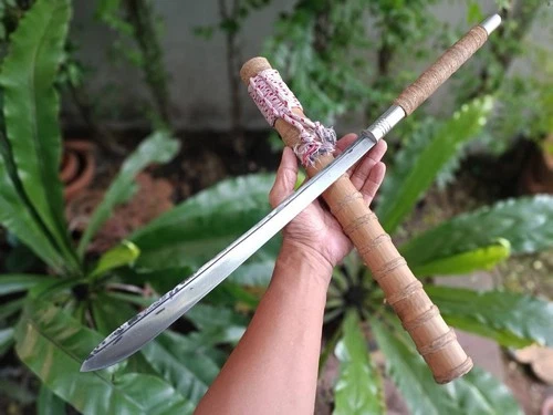 Handmade Thai short sword hunting knife 14.7” forged blade, Bamboo handle & pod