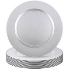 12 PCS 13 Inch Charger Plates Silver White Round Plastic Dinner Wedding