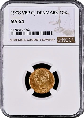Denmark Gold 10K 1908 MS 64 NGC Certified