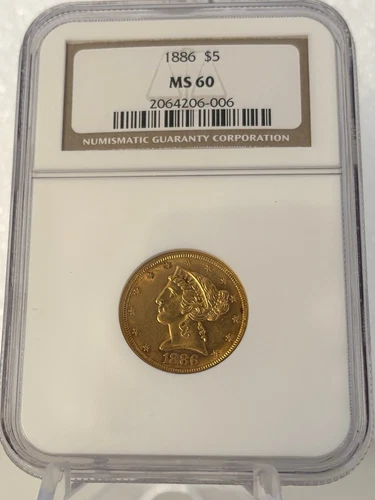 1886 (P) Liberty Head Gold $5 Coin NGC Certified MS 60