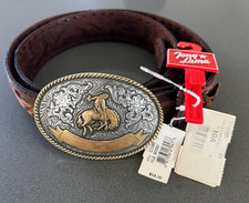 TONY LAMA HAND TOOLED LEATHER WESTERN Belt Sz 44 w/ Bronc Rodeo Buckle