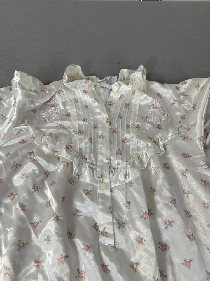 Vintage Miss Elaine Nightgown Womens Medium Satin Embroidered Floral 90s - Image 2 of 4
