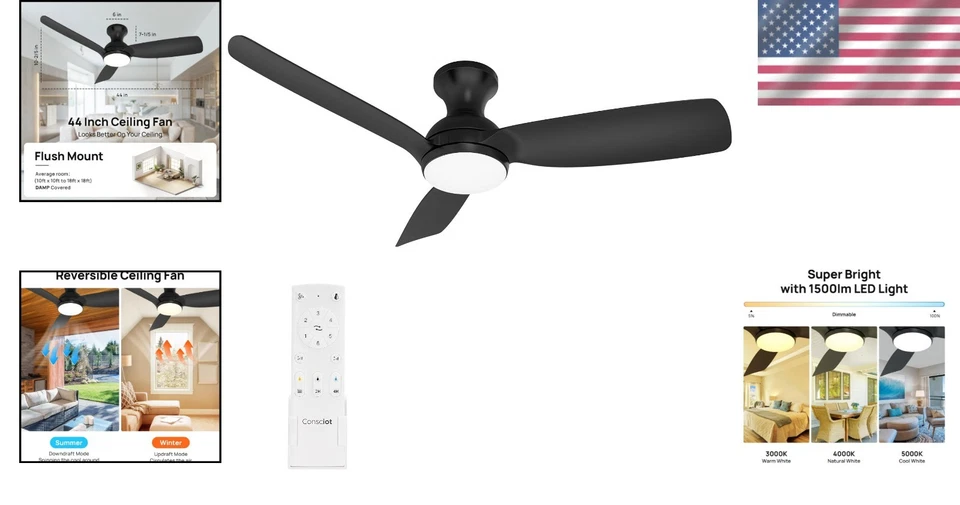 44-Inch Black Ceiling Fan with Light & Remote - 6-Speed Whisper Quiet Design - Image 2 of 4