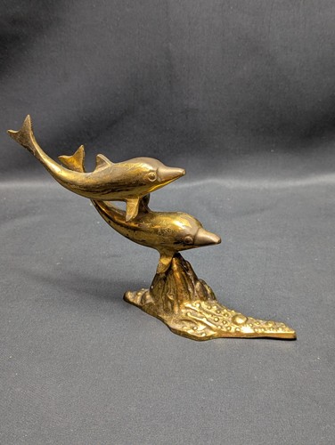 Vintage Solid Brass Swimming Pair of Dolphins Nautical Statue Sculpture - Picture 2 of 13