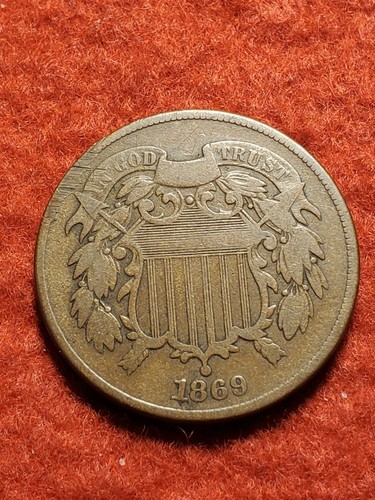 1869 Two Cent Coin Original Circulated Copper Piece Free Shipping - Picture 1 of 2