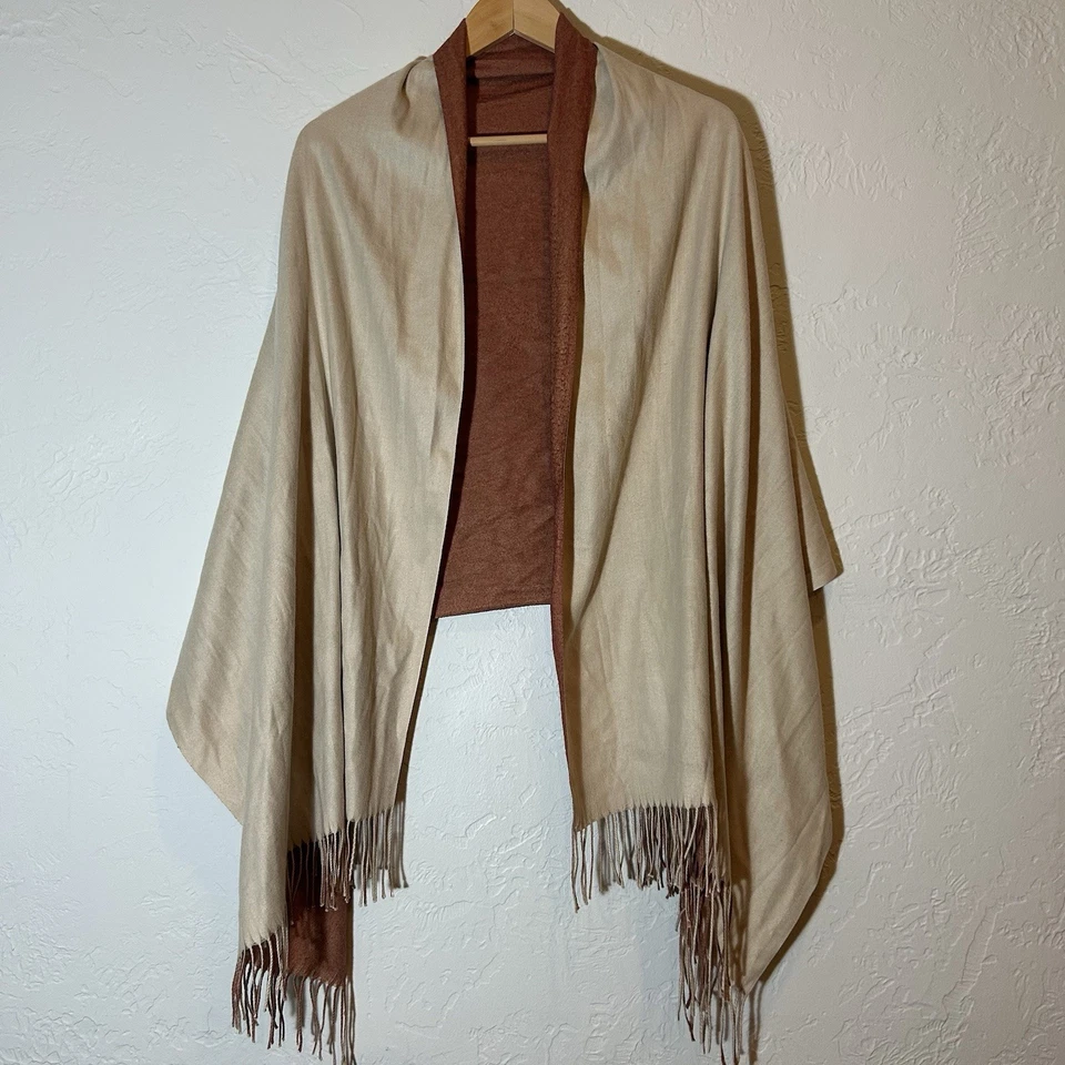 Reversible Fringe Ruana Wrap Shawl Cinnamon Brown Beige Two Tone Poncho Cape - Image 3 of 4