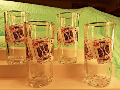 Set of 4 PASABAHCE Double-Sided Playing Card Poker Cocktail Glasses Gold Rim 