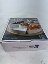 Gibson Elite 6 Piece Tidbit Dish Set with Rotating Wood Base White