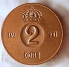 1971 Sweden 2 Ore - Uncirculated From Roll - Full Luster -Free Ship - Swed Bin A