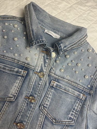 $310 Monnalisa Denim Jacketš„Blue Jean Coat PEARLS FASHION Girls Size 10 - Picture 5 of 14