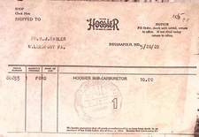 Hoosier Sub Carburetor Indianapolis IND 1920 Receipt Invoice