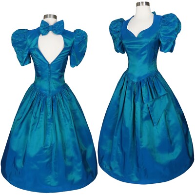 Vintage 80s Blue Taffeta Puff Sleeve Full Skirt Bow Prom Party Dress XXS XS 
