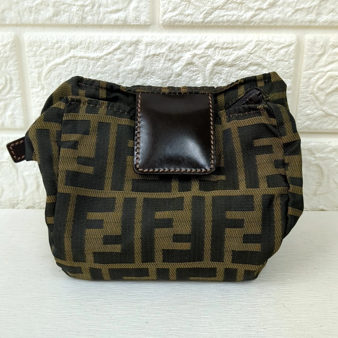 FENDI FF Zucca Canvas Leather Cube Cosmetic Case Toiletry Bag