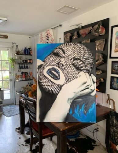'So Blue, da-ba-dee-da-ba-' Orig Painting on Canvas Fishnet, Face, BIG 30"x40" - Picture 1 of 4