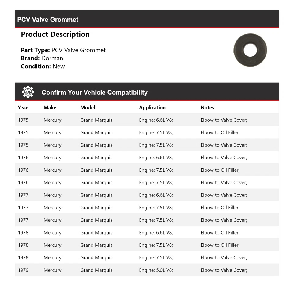 Ojal de válvula PCV Mercury Grand Marquis Dorman 1975-1979 1976 1977 1978 Foto 2 de 4