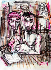 George Crionas Original Religious Interpretation Watercolor Framed Under Glass