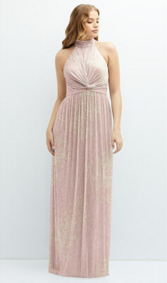 After Six 6882....Band Collar Halter Metallic Pleated Dress...Pink Gold...Sz M