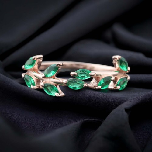 925 Sterling Silver 3x1.5 mm Marquise Lab Created Emerald Band Women Band - Picture 4 of 7