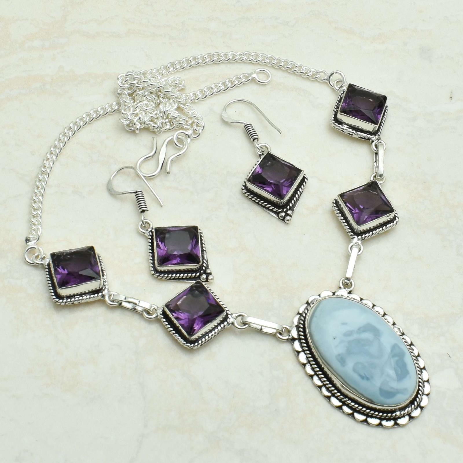 Owyhee Opal Amethyst Gemstone Handmade Necklace+Earrings Jewelry 32 Gms AN 53159