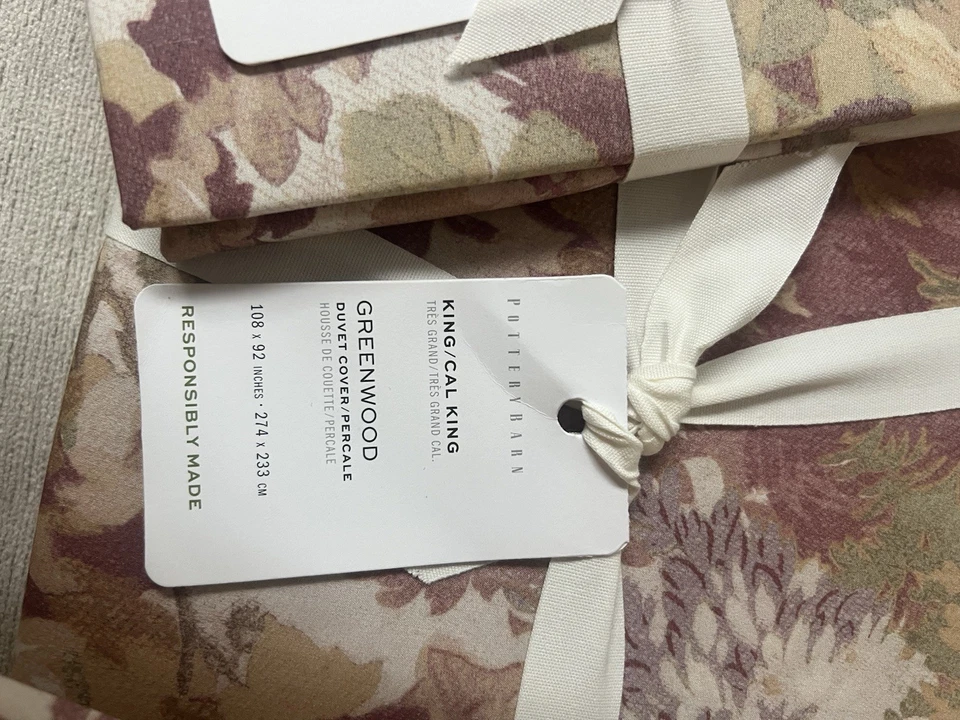 Edredón Pottery Barn GREENWOOD Percal King/Cal King y 2 fundas de euro palo de rosa nuevo con etiquetas Foto 3 de 4