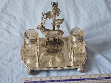 VICTORIAN JAMES DIXON SILVER PLATED INKSTAND CAST STAG EPERGNE GLASS INKWELLS