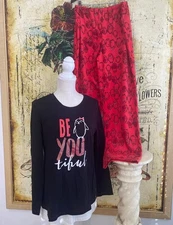 Hue Fleece 2 Pc Pajama Set BeYOUtiful Red & Black Penquis L New Top Pant