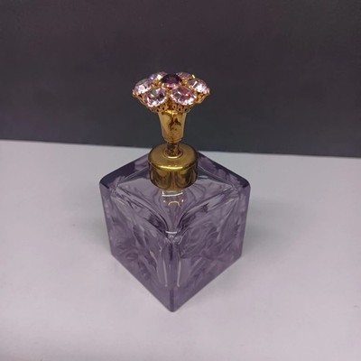 VTG Hand Cut Rose & Leaf Amethyst Glass Perfume Atomizer Bottle Rhinestone Japan