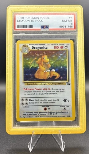 1999 POKEMON FOSSIL #4 DRAGONITE-HOLO PSA 8