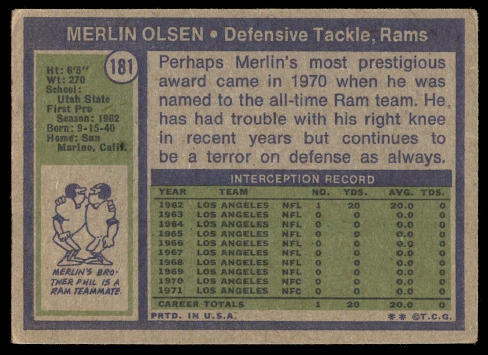 1972 Topps Merlin Olsen (B) Los Angeles Rams #181 VG/EX | eBay