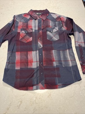Social Collision Men s XL Plaid Pearl Snap Rockabilly Shirt Red Gray
