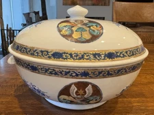 Antique Pottery Ceramic Covered Dish Tureen Winged Warrior 10” Diameter
