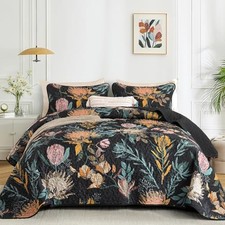 King Size Quilts 3 Pieces Boho Floral Bedspread Bedding for King104"x90" Black