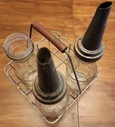 Vintage Lot x 3 Glass Quart Oil Bottles The Master Mfg Co w Basket Spout BW1228