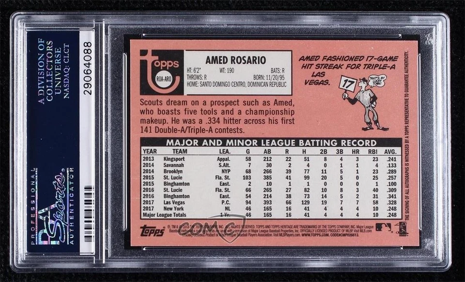 2018 Topps Heritage Real One Amed Rosario #ROA-ARO PSA 10 GEM MT Rookie Auto RC - Image 2 of 2