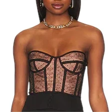 NWT Bardot Mesh Bustier Top Women's Small Black Spot Strapless Crop Top Zip Back