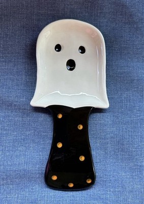 Happy Halloween Hauntings GHOST Shaped Ceramic Kitchen Spoon Rest  9  New