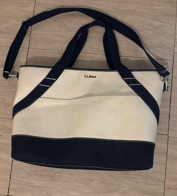 L.L.Bean Large Colorblock Tote Beige/Navy Zip Top Detachable Strap insulated