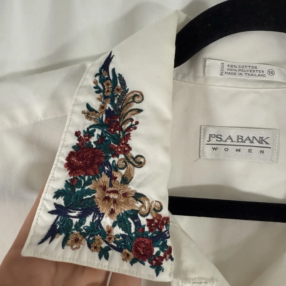 Camisa de vestir Jos A Bank para mujer 16 blanca floral cuello bordado manga larga Foto 4 de 4