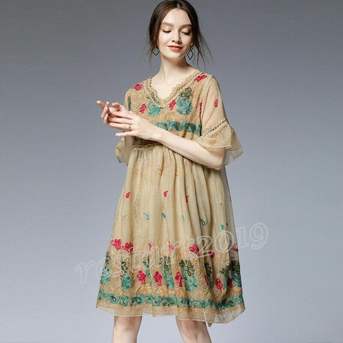 Women's Flare Sleeve Loose Dress Midi Long Chiffon Embroidery Dresses Plus Size - Picture 7 of 15