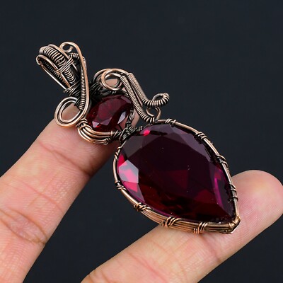 Garnet Gemstone Handmade Jewelry Wire Wrap Copper Pendant Antique Gift For Her