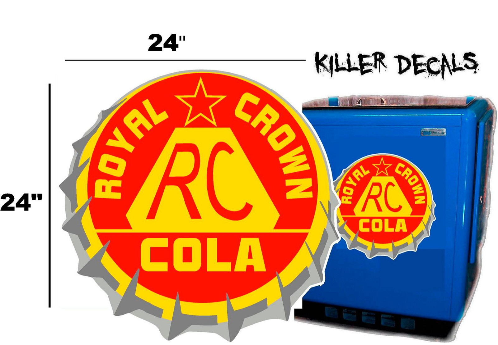 24" RC ROYAL CROWN COLA BOTTLE CAP DECAL COOLERS SODA POP MACHINE SIGN