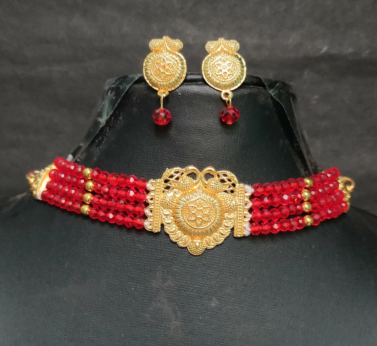 22K Gold Plated Indian 8 Long Crystal Stone Choker Necklace