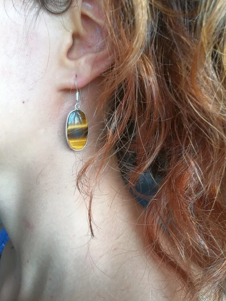 ORECCHINI OCCHIO DI TIGRE NATURALE ARGENTO 925 LEGGERI PENDENTI OVALI TIGER EYE - Immagine 3 di 4