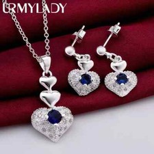 925 sterling Silver crystal heart pendant necklace earring Jewelry set for Woman