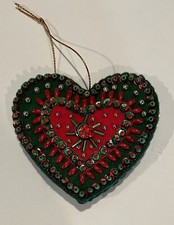 Ornate Red  Green Felt Heart Christmas Holiday Ornament handmade, beaded