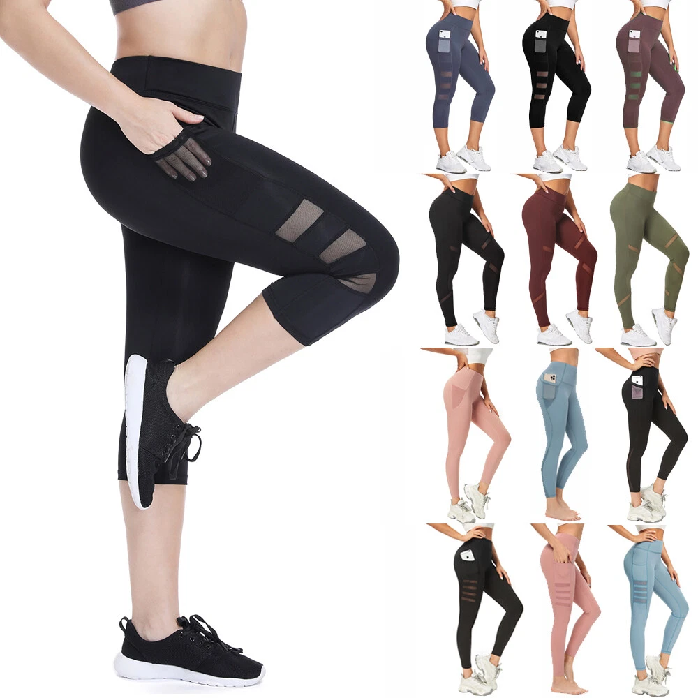 High Waist Cropped Workout Leggings for Women with Pockets Mesh