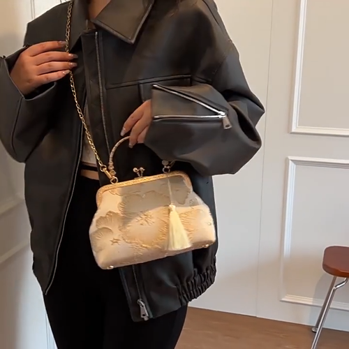 Blue Brocade Chinese Handbag with Tassel and Gold Frame Detailing - Video 1 of 1