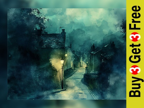 Mystical Twilight Village Street Lamp Art Print 5"x7"/ 6"x8" - Atmospheric Decor - Picture 1 of 5